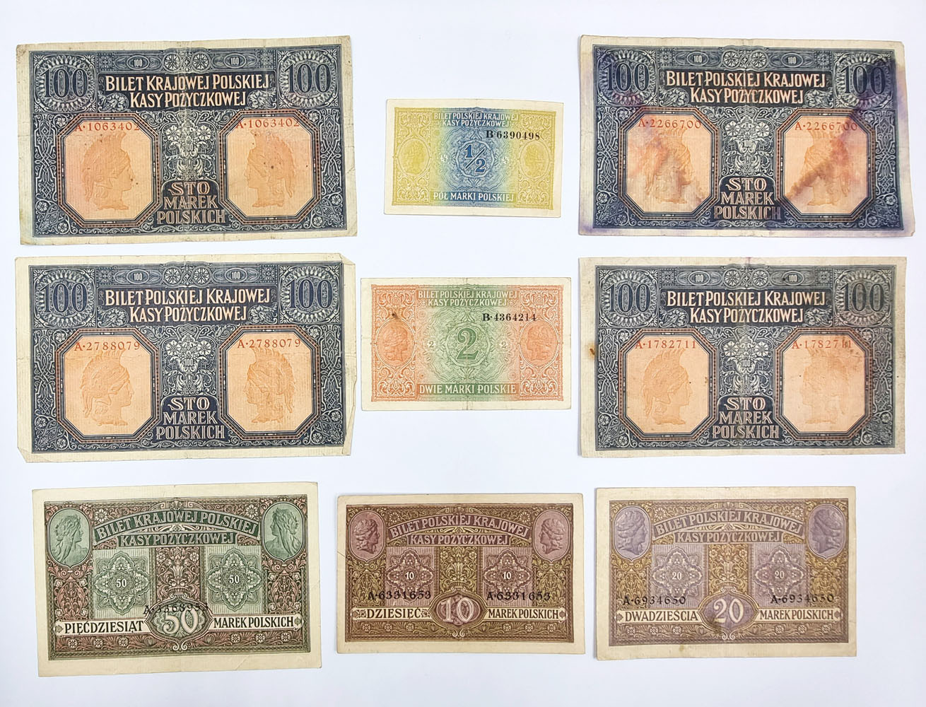 1/2 do 100 marek polskich 1916, zestaw 9 banknotów - RZADKIE